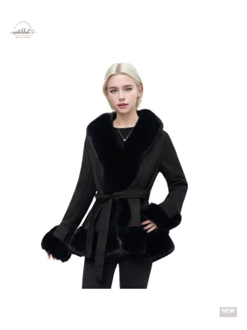 Faux Fur Leather Jacket Women Long Sleeve Furry Trim Peplum Parka Coat with Belt